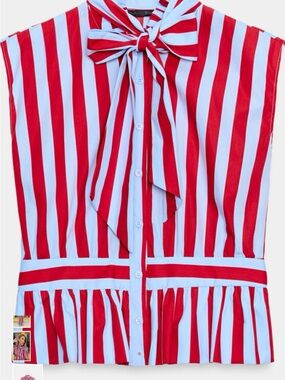 Zara Striped Bow Tie Peplum Shirt Red Blue Size S